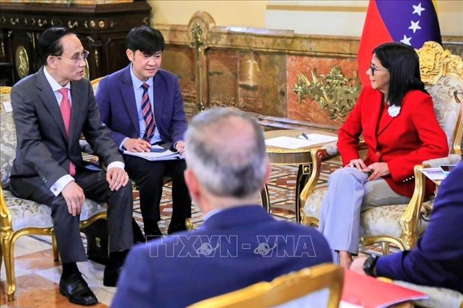 Bộ trưởng Lê Hoài Trung hội kiến với Tổng thống lâm thời Delcy Rodriguez Gomes.  Ảnh: Phi Hùng - PV TTXVN tại Mỹ Latinh