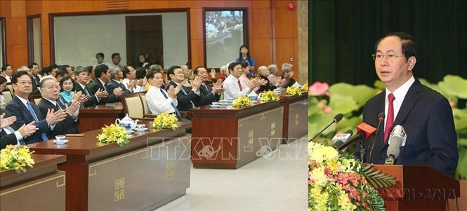 Chủ tịch nước Trần Đại Quang phát biểu tại Lễ kỷ niệm 40 năm Thành phố Sài Gòn - Gia Định vinh dự mang tên Chủ tịch Hồ Chí Minh (2/7/2016). Ảnh: Nhan Sáng - TTXVN