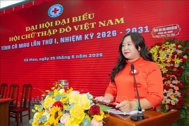 Phó Chủ tịch Hội Chữ thập đỏ tỉnh Cà Mau Hồ Quý Nhi nhấn mạnh phương châm “Chủ động - Kết nối - Thích ứng - Bền vững”. Ảnh: Huỳnh Anh - TTXVN
