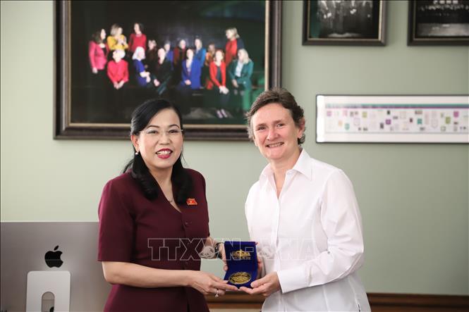 Bà Nguyễn Thanh Hải tặng quà lưu niệm Giáo sư Irene Tracey, Phó Hiệu trưởng Đại học Oxford. Ảnh: Hữu Tiến - PV TTXVN tại Anh
