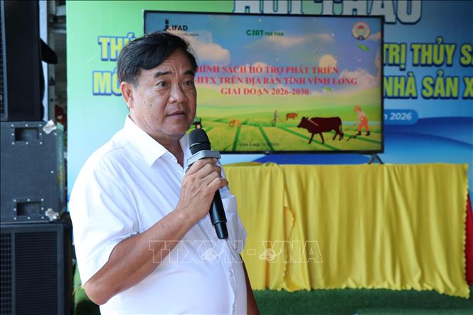 Chủ tịch Liên minh Hợp tác xã tỉnh Vĩnh Long Thái Phước Lộc phát biểu tại hội thảo. Ảnh: Phúc Sơn - TTXVN
