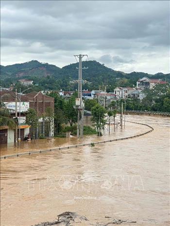 Chiều 26/6 nhiều khu vực tại phường Thục Phán (trung tâm tỉnh) đã ngập sâu trong nước lũ. Ảnh: Quốc Đạt - TTXVN
