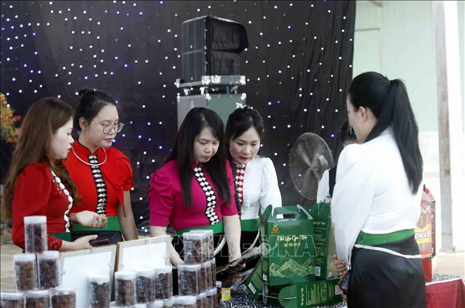 Tham quan gian hàng giới thiệu sản phẩm OCOOP của tỉnh Sơn La tại Tọa đàm. Ảnh: Quang Quyết - TTXVN