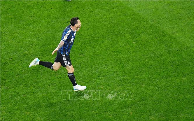 Lionel Messi ăn mừng sau khi ghi bàn thắng nâng tỉ số lên 3-1 cho Argentina trước Jordan. Ảnh: THX/TTXVN phát