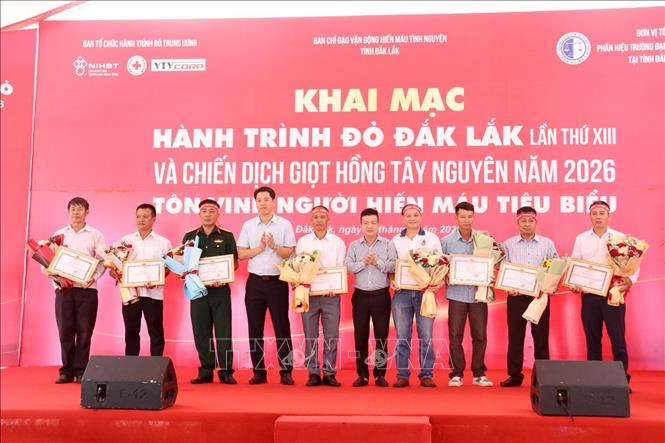 UBND tỉnh Đắk Lắk tặng Bằng khen cho các cá nhân có thành tích xuất sắc trong công tác hiến máu tình nguyện. Ảnh: Hoài Thu – TTXVN.