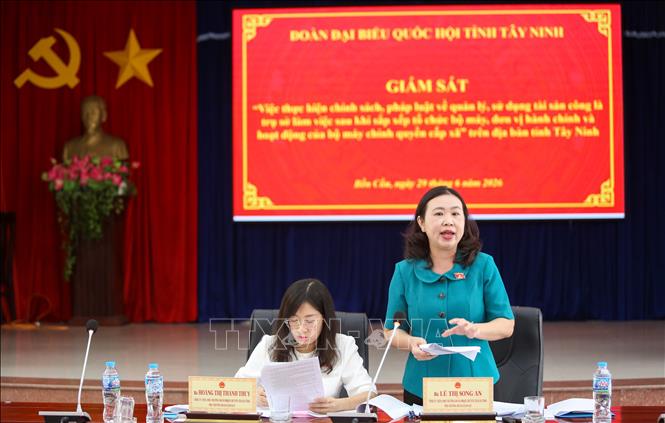 Phó Trưởng Đoàn đại biểu Quốc hội chuyên trách tỉnh Tây Ninh Lê Thị Song An phát biểu tại buổi giám sát. Ảnh: Giang Phương - TTXVN