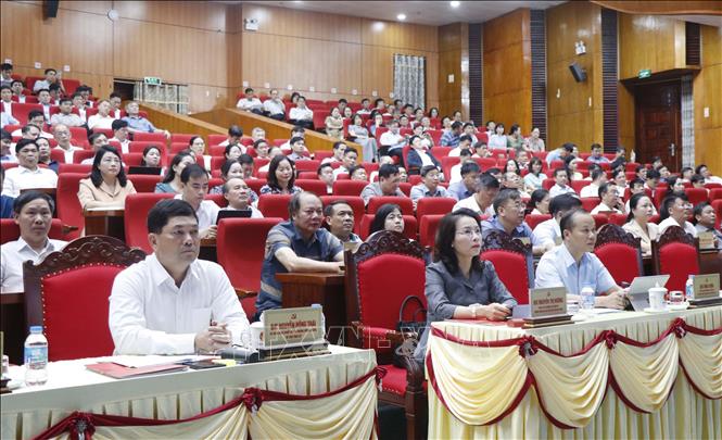 Các đại biểu dự Hội nghị tại điểm cầu Trung tâm Hội nghị tỉnh Bắc Ninh. Ảnh: Thanh Thương - TTXVN