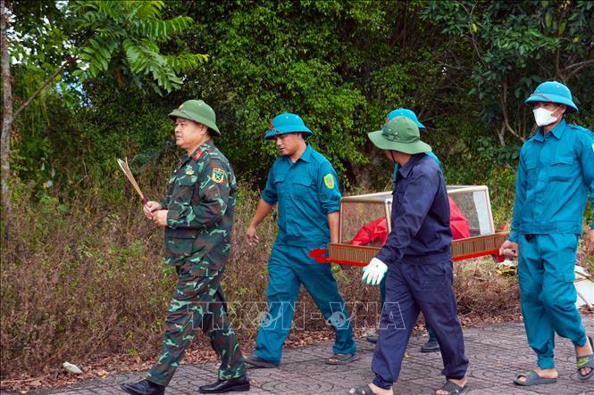 Kết thúc quá trình lấy mẫu, hài cốt liệt sỹ được sắp xếp lại nguyên trạng, di chuyển về vị trí ban đầu. Ảnh: Hữu Quyết – TTXVN