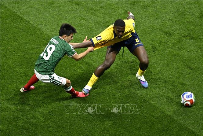 Pha tranh chấp bóng giữa cầu thủ Gilberto Mora (trái) của Mexico và Willian Pacho của Ecuador. Ảnh: THX/TTXVN phát