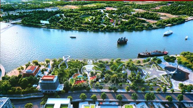 Phối cảnh Dự án Công viên văn hóa Bến Nhà Rồng - Khánh Hội và Cây xanh công cộng Bến Bạch Đằng, hình thành trục không gian văn hóa - lịch sử ven sông Sài Gòn. Ảnh: TTXVN phát