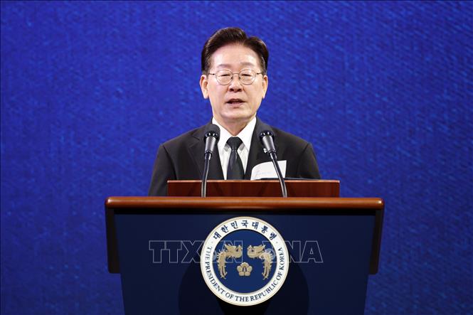 Tổng thống Hàn Quốc Lee Jae Myung phát biểu tại Suwon, phía Nam thủ đô Seoul. Ảnh: YONHAP/TTXVN phát