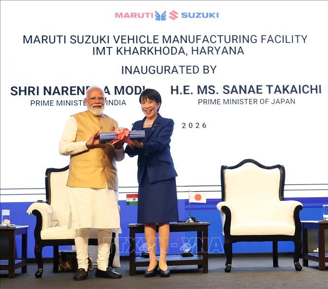 Thủ tướng Ấn Độ Narendra Modi và Thủ tướng Nhật Bản Sanae Takaichi. Ảnh: Quang Trung - PV TTXVN tại Ấn Độ