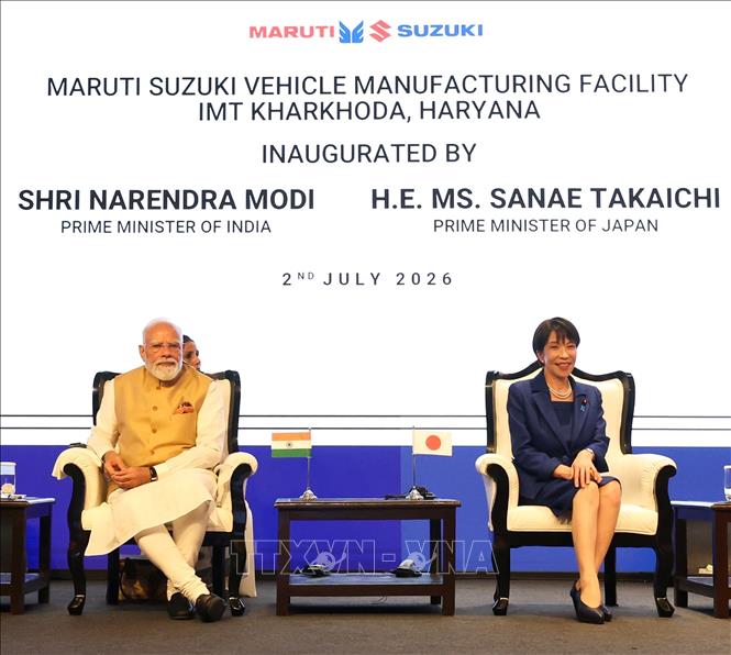 Thủ tướng Ấn Độ Narendra Modi và Thủ tướng Nhật Bản Sanae Takaichi. Ảnh: Quang Trung - PV TTXVN tại Ấn Độ