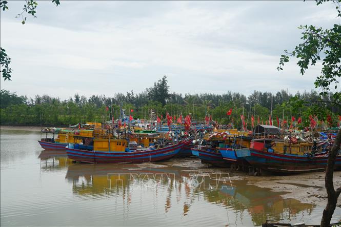 Hàng chục phương tiện neo đậu tại Âu tránh trú bão tàu thuyền Bắc Trung Bộ (phường Sầm Sơn) trong sáng 4/7. Ảnh: Hoa Mai - TTXVN