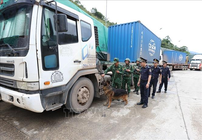 Lực lượng Hải quan phối hợp với Bộ đội Biên phòng kiểm tra phương tiện nhập cảnh qua cửa khẩu Cầu Treo (Hà Tĩnh). Ảnh: Vũ Sinh - TTXVN