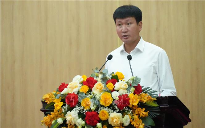 Đồng chí Trần Huy Tuấn, Ủy viên Trung ương Đảng, Bí thư Tỉnh ủy Ninh Bình phát biểu tại hội nghị. Ảnh: Hải Yến - TTXVN