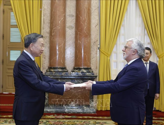 Tổng Bí thư, Chủ tịch nước Tô Lâm nhận Quốc thư từ Đại sứ Bồ Đào Nha Joaquim Alberto De Sousa Moreira De Lemos. Ảnh: Thống Nhất – TTXVN