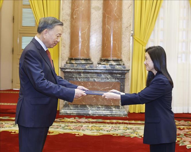Tổng Bí thư, Chủ tịch nước Tô Lâm nhận Quốc thư từ Đại sứ Hợp chúng quốc Hoa Kỳ Jennifer Wicks McNamara. Ảnh: Thống Nhất – TTXVN