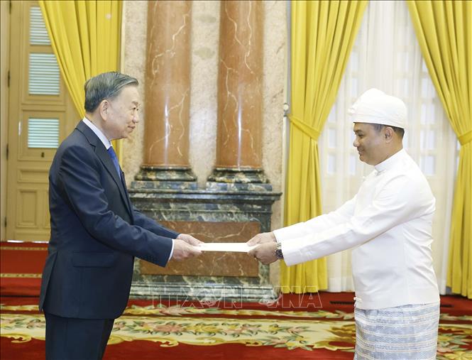 Tổng Bí thư, Chủ tịch nước Tô Lâm nhận Quốc thư từ Đại sứ Cộng hòa Liên bang Myanmar Wai Linn. Ảnh: Thống Nhất – TTXVN