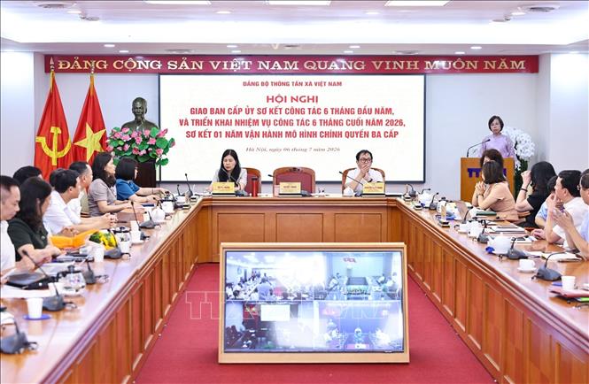 Đồng chí Vũ Việt Trang, Ủy viên Ban Thường vụ Đảng ủy các cơ quan Đảng Trung ương, Bí thư Đảng ủy, Tổng Giám đốc TTXVN, Phó Trưởng Ban Tuyên giáo và Dân vận Trung ương phát biểu. Ảnh: Minh Đức – TTXVN