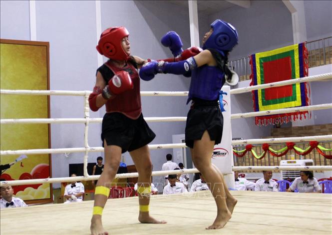 Các võ sĨ thi đấu ở nội dung đối kháng tại giải. Ảnh: Trịnh Bang Nhiệm - TTXVN