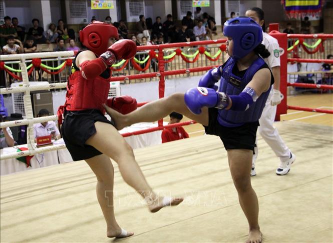 Các võ sĩ thi đấu ở nội dung Đối kháng tại giải. Ảnh: Trịnh Bang Nhiệm - TTXVN
