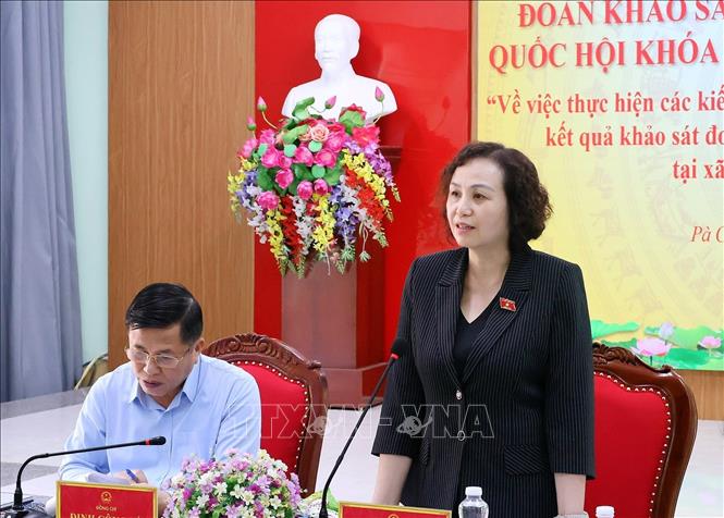 Đồng chí Cao Thị Xuân, Phó Chủ tịch Hội đồng Dân tộc của Quốc hội phát biểu tại buổi làm việc. Ảnh: Thanh Hải - TTXVN 