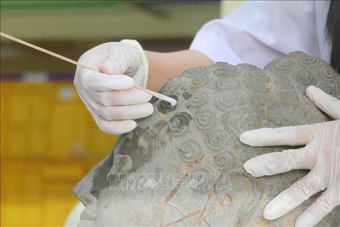 Cán bộ, nhân viên Ban Quản lý Di tích văn hóa Óc Eo (tỉnh An Giang) chỉnh lý, sắp xếp lại kho lưu trữ hiện vật đã được khai quật, phục vụ công tác trung bày và quá trình đánh giá của đoàn chuyên gia quốc tế. Ảnh: Công Mạo - TTXVN