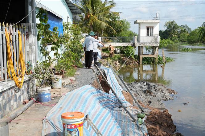 Tuyến đường bờ Tây sông Cổ Cò, đoạn qua ấp Thái Hòa, xã Mỹ Lợi (Đồng Tháp) bị sạt lở nghiêm trọng. Ảnh: Công Trí - TTXVN
