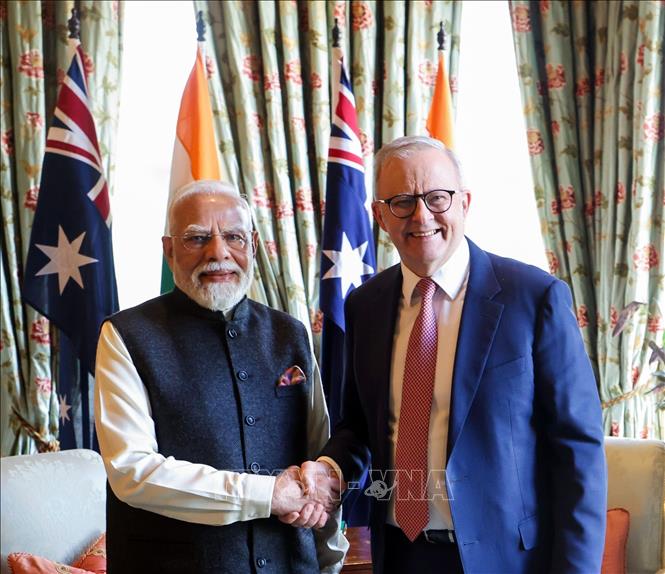 Thủ tướng Australia Anthony Albanese và Thủ tướng Ấn Độ Narendra Modi tại cuộc gặp ở Melbourne ngày 9/7/2026. Ảnh: ANI/TTXVN phát