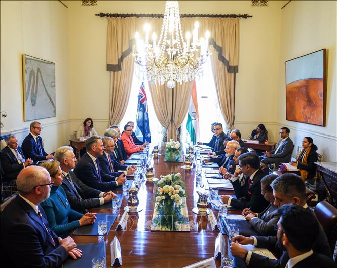 Thủ tướng Australia Anthony Albanese và Thủ tướng Ấn Độ Narendra Modi tại cuộc hội đàm ở Melbourne ngày 9/7/2026. Ảnh: ANI/TTXVN phát