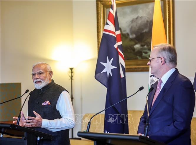 Thủ tướng Australia Anthony Albanese và Thủ tướng Ấn Độ Narendra Modi tại cuộc họp báo chung ở Melbourne ngày 9/7/2026. Ảnh: ANI/TTXVN phát