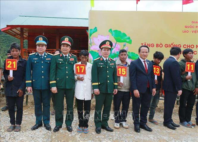 Các đại biểu đại diện cho lãnh đạo các cơ quan của Bộ Quốc phòng, Bộ Tổng Tham mưu, Tổng cục Chính trị tặng bò giống cho nhân dân vùng biên giới của Lào. Ảnh: Trọng Đức - TTXVN