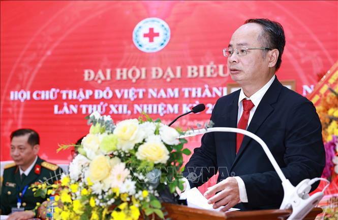 Ông Lê Tự Lực, Chủ tịch Hội Chữ thập đỏ thành phố Hà Nội nhiệm kỳ 2026 - 2031 phát biểu. Ảnh: Thanh Tùng - TTXVN 