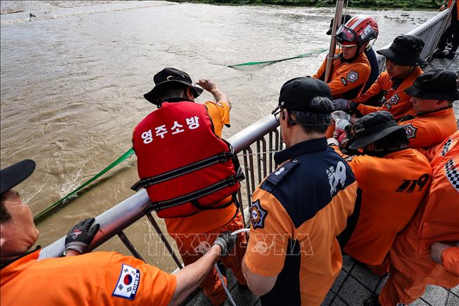 Lực lượng cứu hộ giăng lưới để tìm kiếm người đàn ông bị nước lũ cuốn trôi tại suối Namwon, tỉnh Gyeongsang Bắc, Hàn Quốc ngày 9/7/2026. Ảnh: Yonhap/TTXVN phát