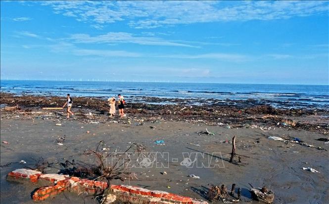 Rác ở bãi biển Trà Cổ, phường Móng Cái 1 (tỉnh Quảng Ninh). Ảnh: Văn Đức - TTXVN