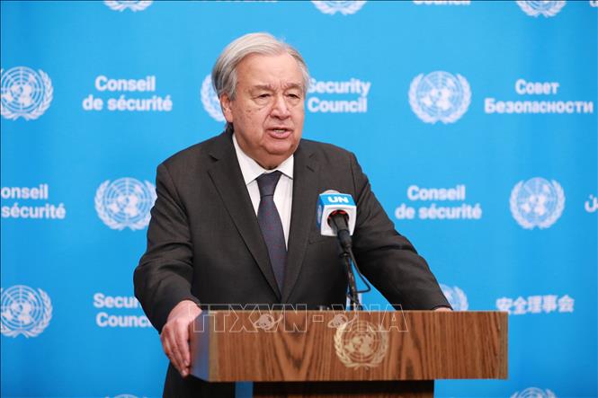 Tổng Thư ký LHQ Antonio Guterres phát biểu tại cuộc họp báo ở New York, Mỹ. Ảnh: THX/TTXVN phát