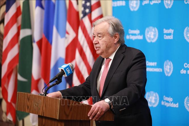 Tổng Thư ký LHQ Antonio Guterres phát biểu tại cuộc họp báo ở New York, Mỹ. Ảnh: THX/TTXVN phát