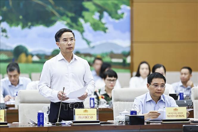 Thống đốc Ngân hàng Nhà nước Phạm Đức Ấn thuyết trình về nội dung cơ bản của dự thảo. Ảnh: Doãn Tấn - TTXVN