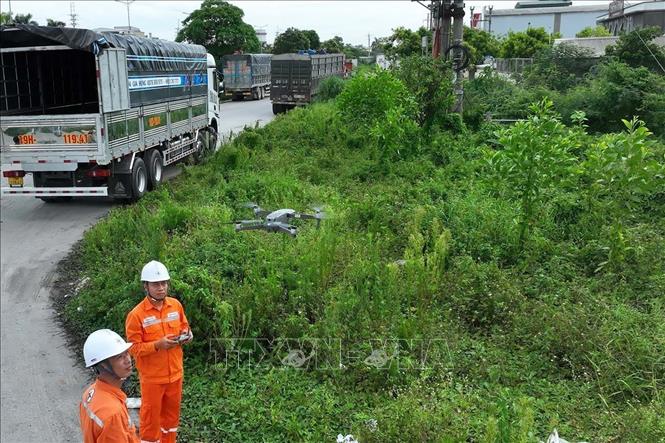 Sử dụng thiết bị Flycam vào kiểm tra đường dây hạ thế trong khu công nghiệp Yên Mỹ, tỉnh Hưng Yên. Ảnh: Vũ Sinh - TTXVN 