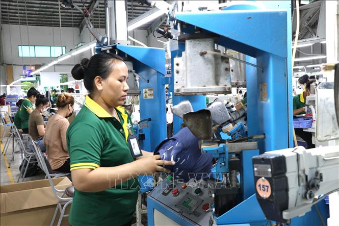 Công nhân làm việc trên dây chuyền sản xuất giày xuất khẩu tại Công ty Cổ phần Đầu tư và Sản xuất Công nghiệp Lefaso Trà Vinh (xã Trà Cú, tỉnh Vĩnh Long). Ảnh: Thanh Hòa - TTXVN