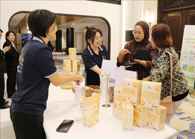 Đại diện Hợp tác xã Kinh doanh, Thương mại, Dịch vụ chế biến nông sản DiLin (xã Hòa Bắc, Lâm Đồng) giới thiệu sản phẩm chế biến từ mắc-ca với đối tác du lịch đến từ Indonesia tại một sự kiện do tỉnh Lâm Đồng tổ chức. Ảnh: Nguyễn Huy Thành – TTXVN