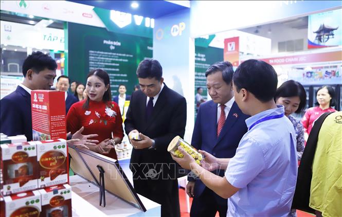 Đại sứ Việt Nam tại Lào Nguyễn Minh Tâm và Thứ trưởng Bộ Công Thương Lào Phouthavanh Nanthavong tham quan gian hàng của Việt Nam tại Hội chợ Thương mại Việt - Lào 2026. Ảnh: Xuân Tú - PV TTXVN tại Lào