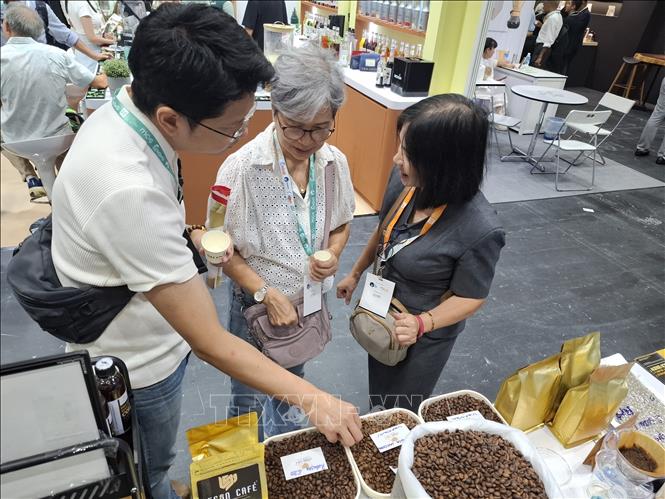 Khách hàng Malaysia tìm hiểu cà phê hạt Robusta của Việt Nam. Ảnh: Bùi Hoàn - PV TTXVN tại Malaysia