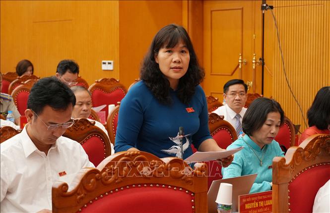 Đại biểu HĐND tỉnh thực hiện chất vấn tại Kỳ họp. Ảnh: Hoàng Nguyên - TTXVN