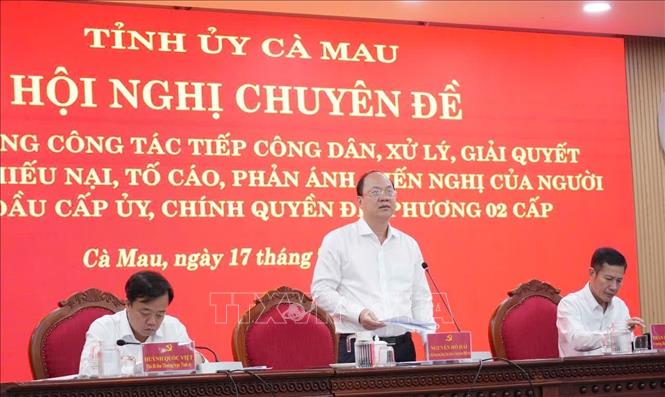 Bí thư Tỉnh ủy Cà Mau Nguyễn Hồ Hải phát biểu tại hội nghị. Ảnh: Tuấn Kiệt – TTXVN