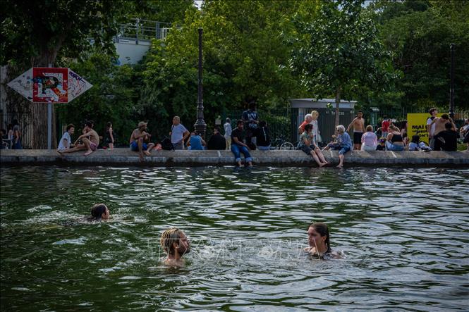 Người dân bơi trên kênh Saint-Martin để giải nhiệt trong đợt nắng nóng tại thủ đô Paris (Pháp). Ảnh: THX/TTXVN phát