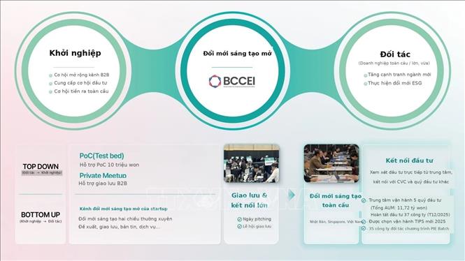 BCCEI là trung tâm đầu tiên trong số tất cả các trung tâm khu vực tại Hàn Quốc thiết lập và vận hành một nền tảng đổi mới sáng tạo mở hai chiều, nơi các startup, các tập đoàn trong nước và quốc tế, cùng các tổ chức công cộng hợp tác cùng nhau. Ảnh: Khánh Vân - PV TTXVN tại Hàn Quốc 
