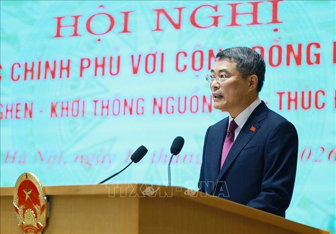 Thủ tướng Lê Minh Hưng phát biểu tại Hội nghị Thường trực Chính phủ với cộng đồng doanh nghiệp. Ảnh: Dương Giang – TTXVN 

