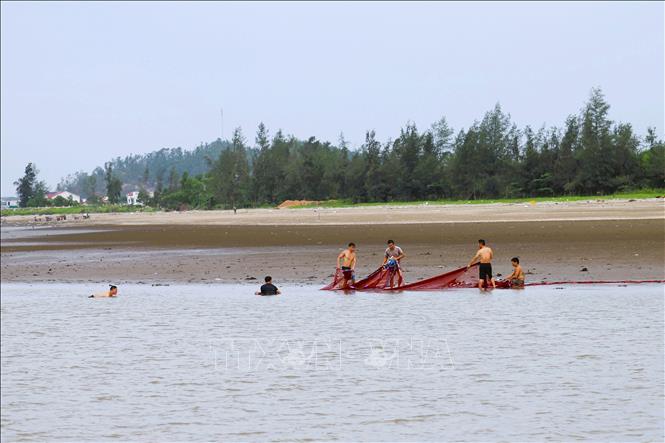 Đàn ông làng biển Sơn Hải kéo dùng ở cửa biển Lạch Thơi (xã Quỳnh Phú, Nghệ An). Ảnh: Xuân Tiến - TTXVN 